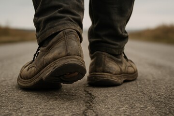 Poverty and hardship are shown through a person's broken and dirty shoes on a lonely road. These shoes are a stark symbol of poverty. A traveler's journey marked by extreme poverty.