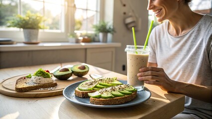 Post workout meal featuring protein smoothie and avocado toast enjoyed at home during a sunny morning