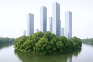 Fototapeta premium Cityscape with modern skyscrapers rising above lush greenery on an island in a tranquil lake