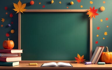 A chalkboard surrounded by open books, chalk pieces, and autumn leaves in a school themed setting ai generated. High quality