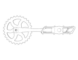 Bicycle Pedal and Chainring Technical Drawing. Detailed Wireframe Outline Illustration of Bike Crank and Drivetrain Component. Monochrome Engineering Schematic for Cycling Parts Design and Repair.