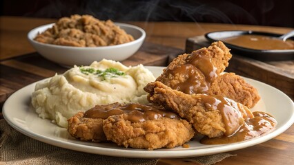 Crispy fried chicken served with creamy mashed potatoes and savory gravy in a cozy dining setting