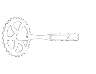 Bicycle Pedal and Chainring Technical Drawing. Detailed Wireframe Outline Illustration of Bike Crank and Drivetrain Component. Monochrome Engineering Schematic for Cycling Parts Design and Repair.