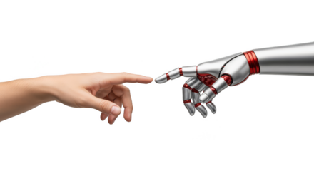 Human and robot fingers almost touching