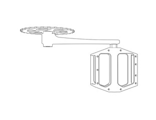 Bicycle Pedal and Chainring Technical Drawing. Detailed Wireframe Outline Illustration of Bike Crank and Drivetrain Component. Monochrome Engineering Schematic for Cycling Parts Design and Repair.