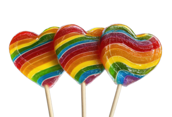 Three rainbow heart-shaped lollipops