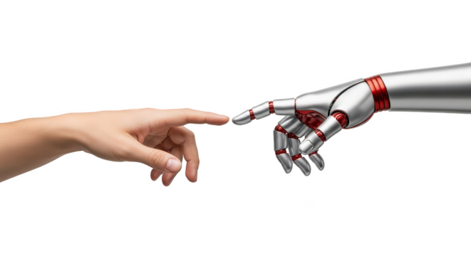 Human and robot fingers almost touching