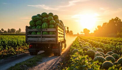 Truck loaded with fresh watermelons drives along a dirt road through a vibrant green field at sunset, showcasing agricultural harvest and rural lifestyle