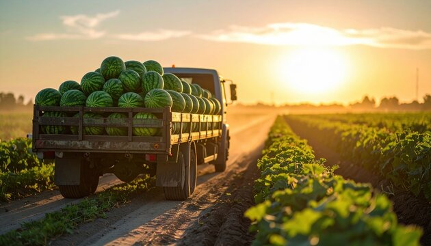 Truck loaded with fresh watermelons driving down a dirt road through a lush green field at sunset, showcasing agricultural abundance and rural lifestyle