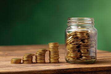 Gold coins in stacks leading to a glass jar full of coins