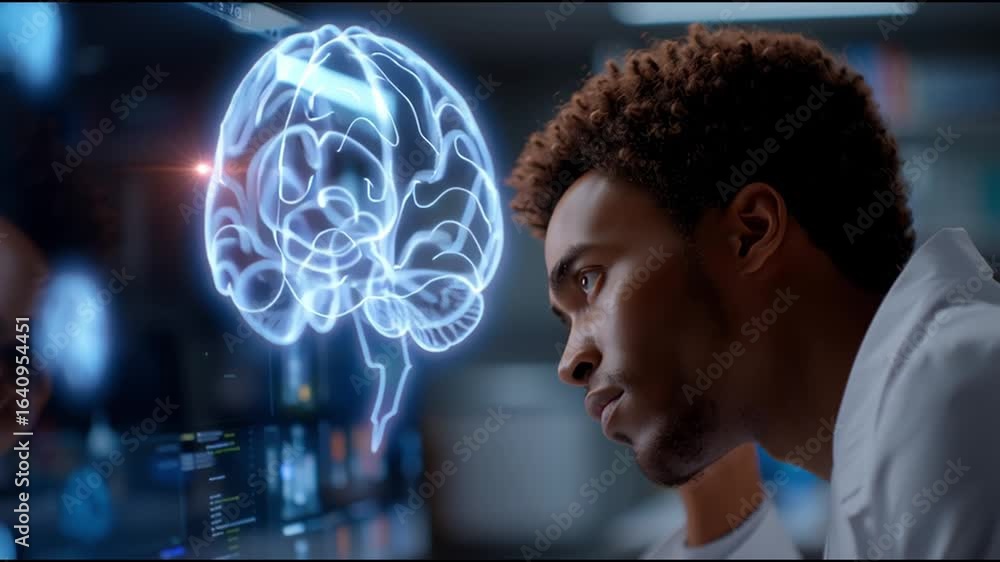 Poster exploring brain technologies in a modern research lab with an attentive scientist