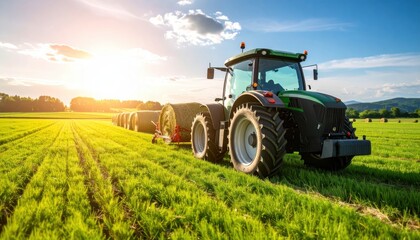 Green agricultural tractor working in a vibrant field during sunset, with bales of hay in the background, showcasing rural farming and machinery in action