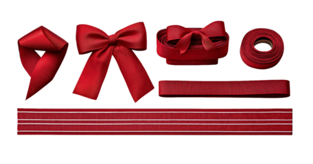 Assortment of red ribbons and bows on black satin roll isolated on a transparent background