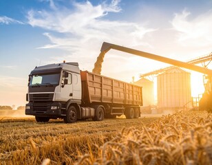 Agricultural truck transporting harvested grain from field to storage facility during sunset, showcasing farming equipment and golden wheat landscape with dramatic sky
