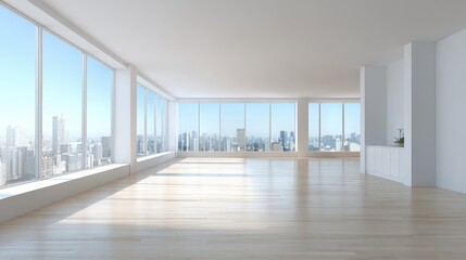 Obraz premium Modern Empty Apartment Interior with Large Windows Overlooking Cityscape, Ready for Design and Customization