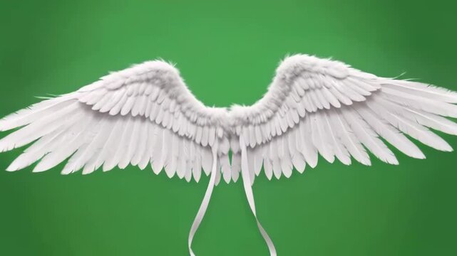 A pair of white feathered wings with silver ribbons on a green backgro