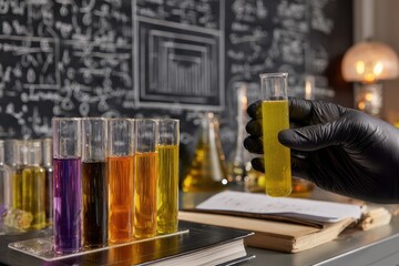 Hand in black glove holds test tube with liquid; colorful test tubes in row, chalkboard background