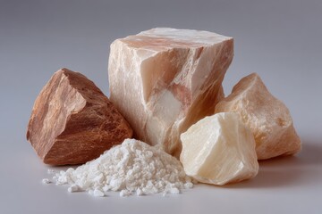 Three mineral blocks, one powdered, on a light gray background