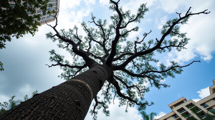 Low angle candid photo of tree of life with dramatic perspective and urban backdrop