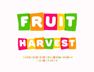Vector Autumn concept Fruit Harvest. Colorful Block Font. Exclusive Alphabet Letters and Numbers. 