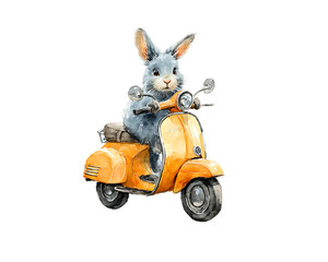 Whimsical watercolor illustration of a cute bunny riding a vintage orange scooter isolated on transparent background