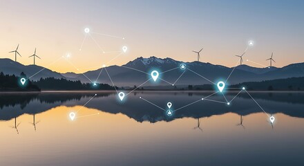 Scenic Landscape with Glowing Network Nodes, Wind Turbines and Water Reflections