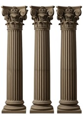 Three classical Corinthian columns isolated on a white background