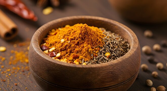 Wooden Bowl with Turmeric Powder, Cumin Seeds, and Chili Flakes on Dark Wood Surface
