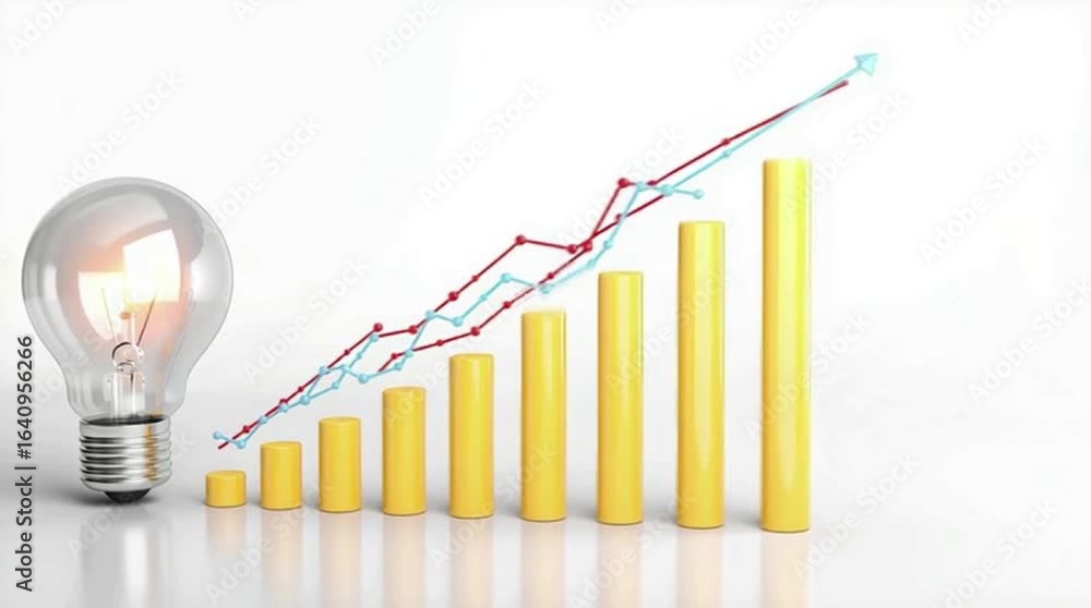 Poster glowing light bulb with upward trend chart and yellow bar graph on white background representing inn