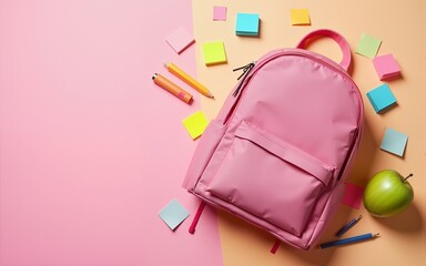 Flat lay of pink backpack with green-red apple and colorful sticky notes on a vibrant background symbolizing back to school season. High quality