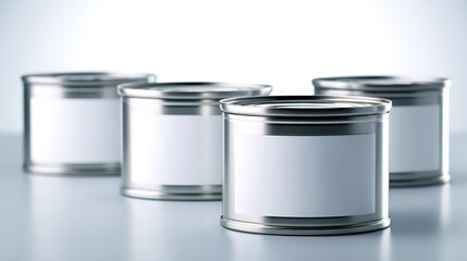 Elevated View of Metallic Silver Cans with Blank White Labels Displaying Packaging Options