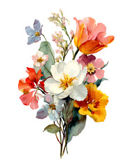 Vibrant watercolor floral arrangement with delicate petals and lush greenery isolated on transparent background