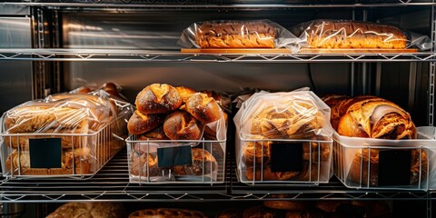 Freshly baked bread displayed on bakery shelves