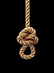 Close-up of a light brown rope with a knot, hanging against a black background