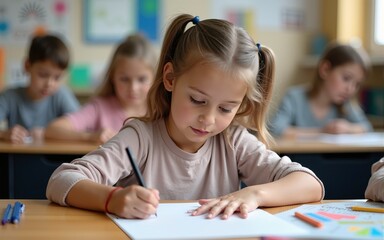 Fototapeta premium Young girl drawing in classroom during back to school season. High quality