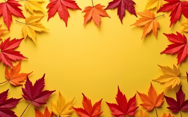 Obraz premium Scattered colorful red, orange and yellow fall maple leaves background. Colors of gold autumn. Seasonal decoration concept. High quality