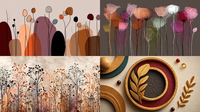 Four abstract art pieces in warm earth tones; a landscape with rounded hills and flower stems, poppies, autumnal trees, and a circular composition with wooden elements and gold leaves