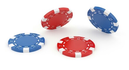 Falling red and blue casino poker chips isolated on a white background
