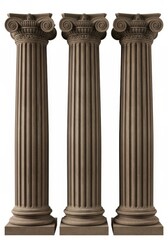 Row of three brown classical ionic columns isolated on a white background