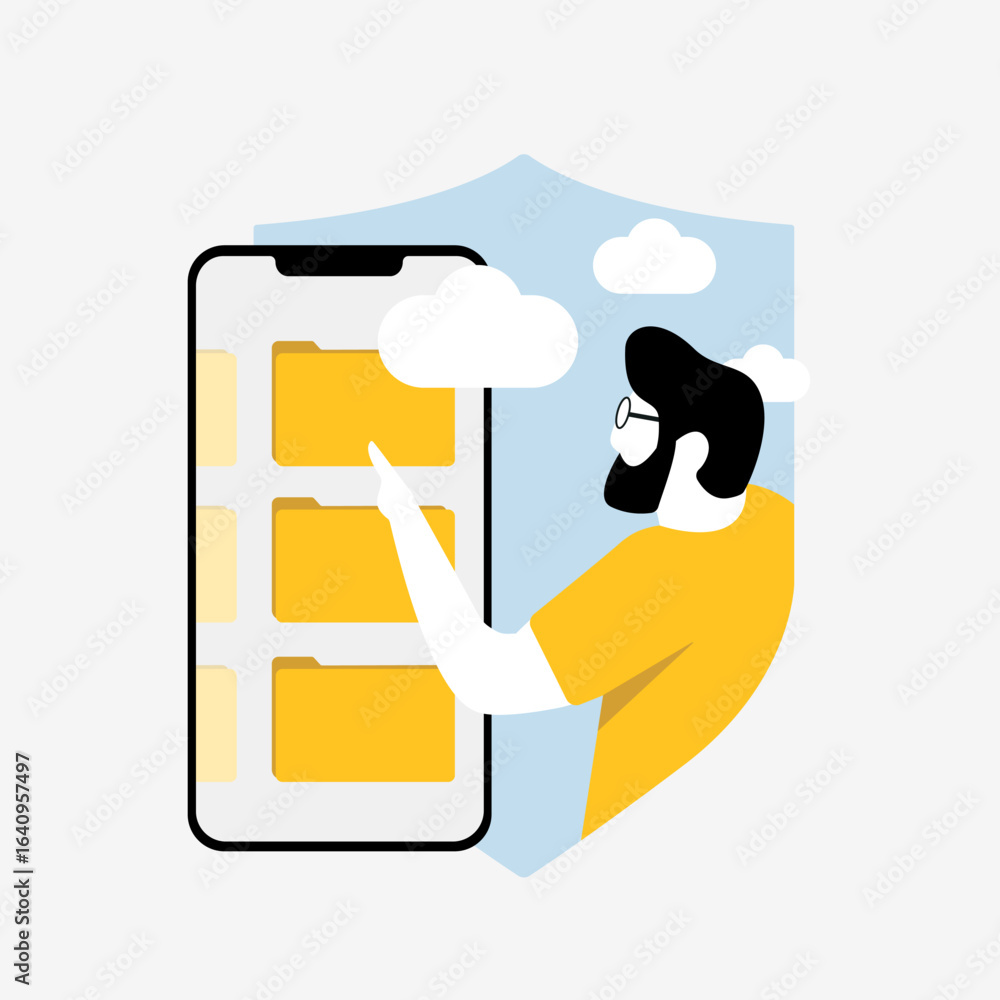 Poster mobile cloud security illustration showing man accessing folders on smartphone. mobile cloud securit