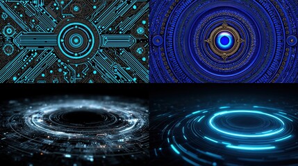 A digital art collage featuring four distinct sections a teal circuit board design, a blue concentric circle mandala, a swirling nebula-like image, and a glowing teal circular interface