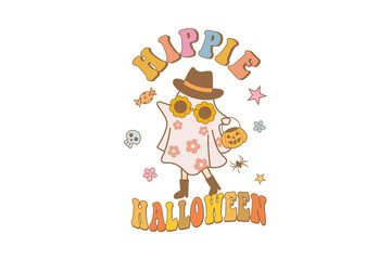 Fototapeta premium Hippie Halloween Retro Ghost with Flowers Fall Sublimation T Shirt Design
