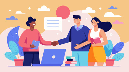 Fototapeta premium Flat vector illustration of business people shaking hands after successful meeting, representing partnership, agreement, and corporate success.