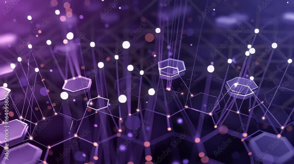 Poster abstract purple hexagon network: futuristic technology background with connected nodes, data visuali