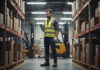 Obraz premium Warehouse worker checks inventory with scanner while standing between shelves stacked with boxes during daytime