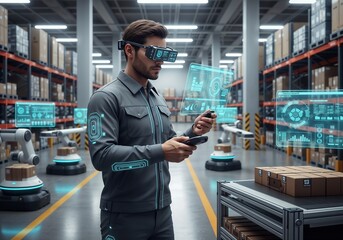 Worker in modern warehouse utilizes augmented reality technology to optimize inventory management and logistics operations
