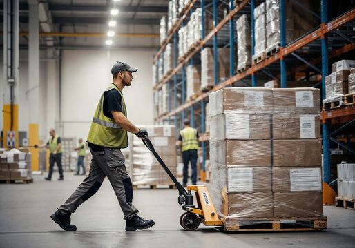 Warehouse workers moving pallets of cardboard boxes with a hand pallet truck during a busy day in a distribution center