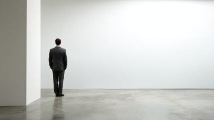 Fototapeta premium Businessman Contemplating White Wall: Opportunity, Vision, and Potential in Minimalist Interior Space for Art Gallery