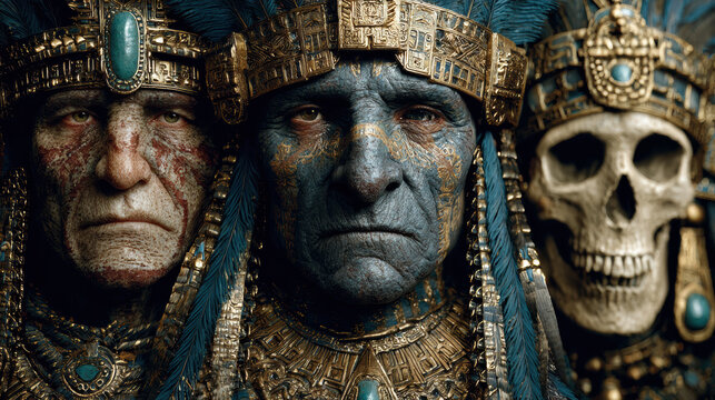 Close-up portrait of three Mayan gods Itzamna and Chaac alternate