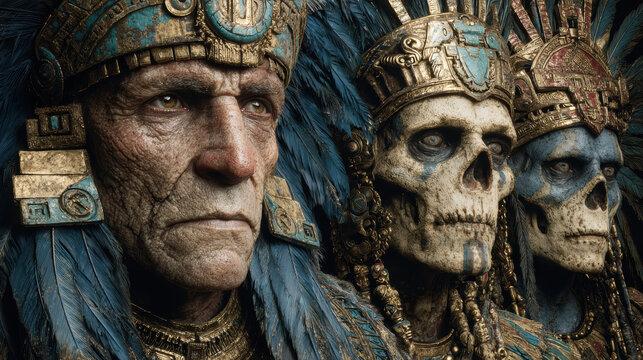 Close-up portrait of three Mayan gods Itzamna and Chaac